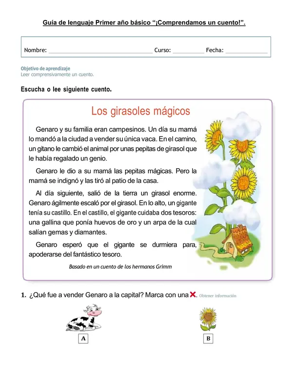Guía de comprensión 1°año "Los girasoles mágicos"