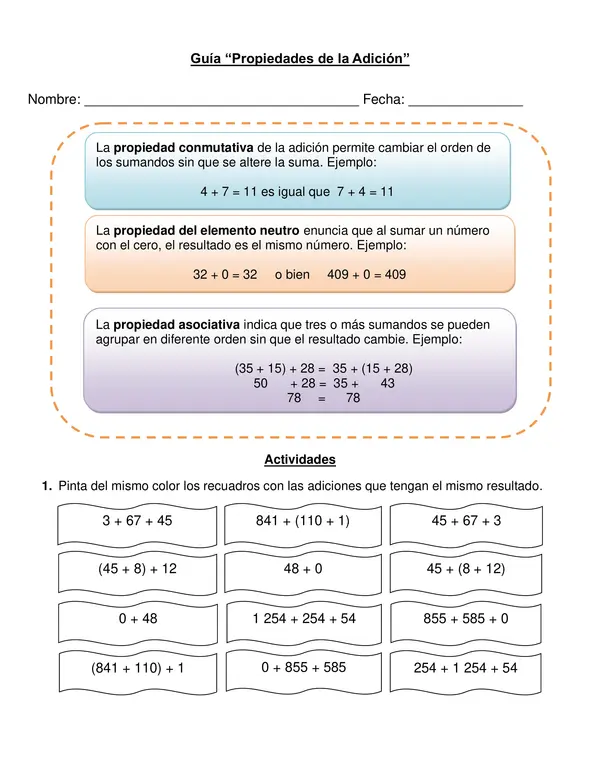 Guía "Propiedades de la adición" 4° año básico.