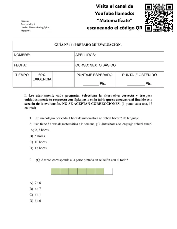 Evaluación de razones sexto - básico