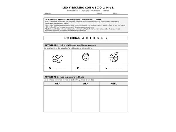 Leo y escribo con las vocales, M y L (guía adaptada 1° básico)