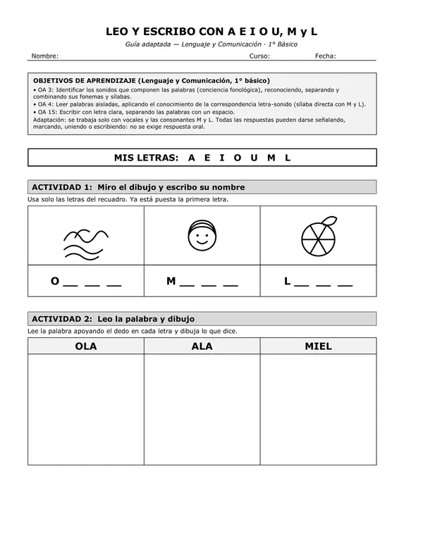 Leo y escribo con las vocales, M y L (guía adaptada 1° básico)