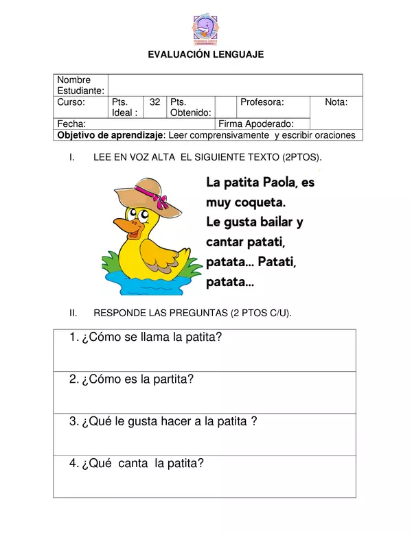 Evaluación Lenguaje 1° y 2° básico 