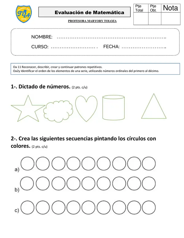 MATEMATICA EVALUACION PATRONES 