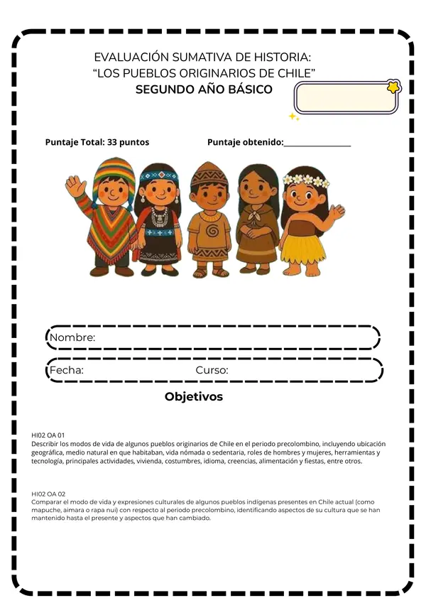 Evaluación o prueba "los pueblos originarios de Chile " Segundo básico Historia