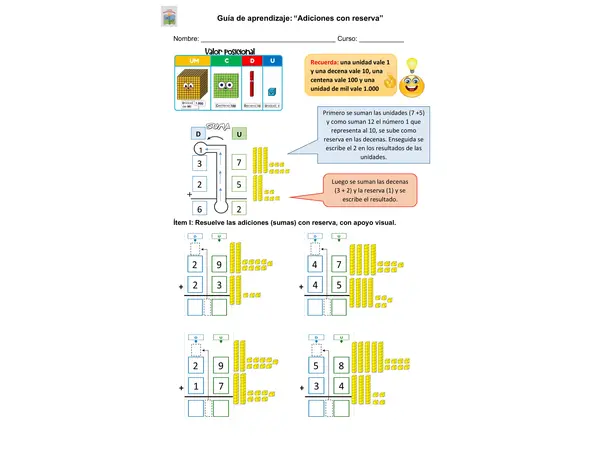 Adiciones (sumas) con reserva hasta la centena