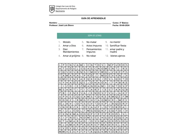 Sopa de Letras Religión Católica