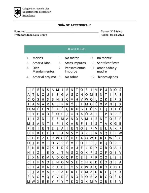 Sopa de Letras Religión Católica