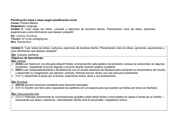 Planificación Mensual Clase a Clase, Lenguaje, septiembre, unidad 3