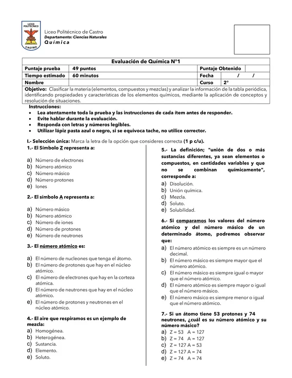 Prueba Clasificación Materia, Tabla Periódica y Masa Molar