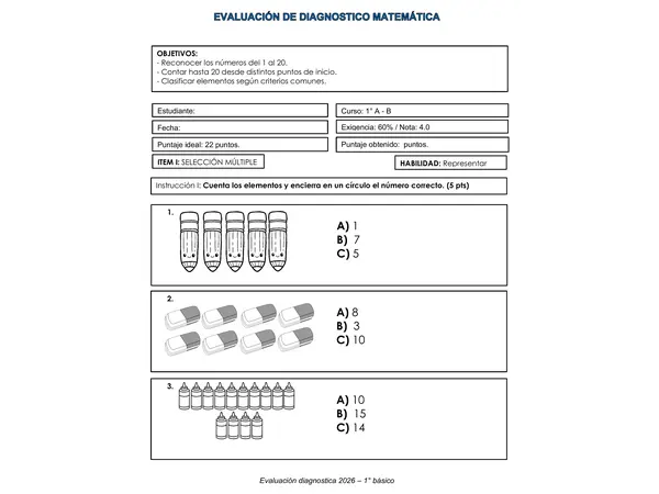 Evaluación Diagnostica de Matemática 1° Básico