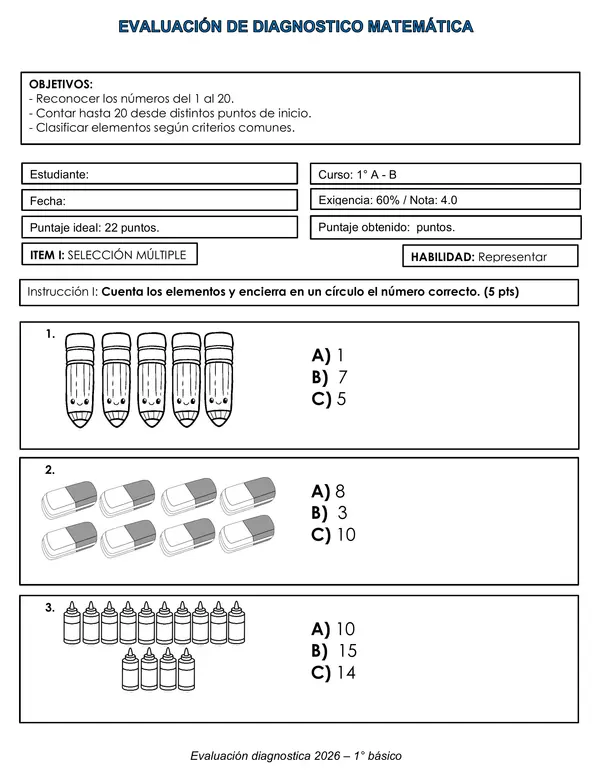 Evaluación Diagnostica de Matemática 1° Básico