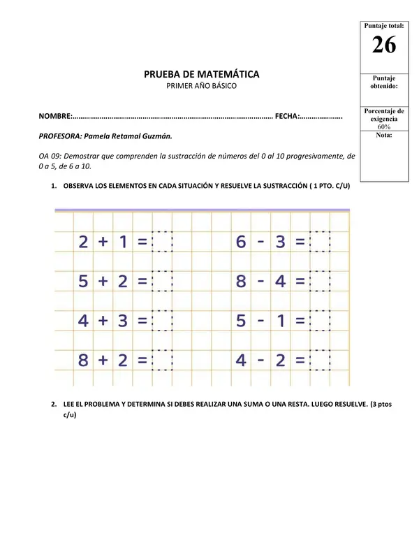 Evaluación Sumas y Restas primero básico