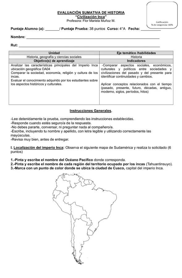 Evaluación de historia 4°año "Civilización Inca"