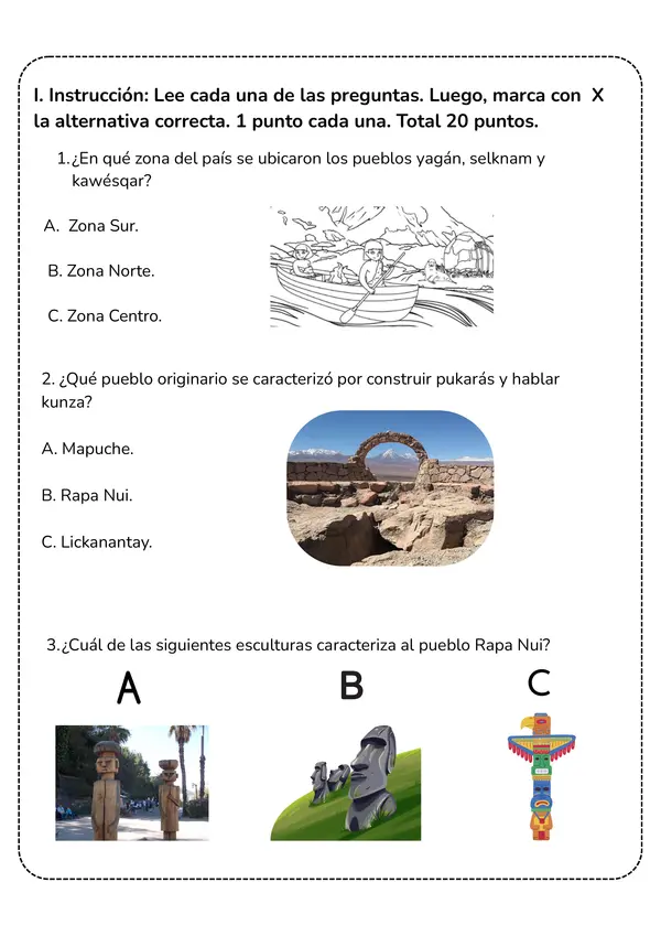 Evaluación o prueba "los pueblos originarios de Chile " Segundo básico Historia