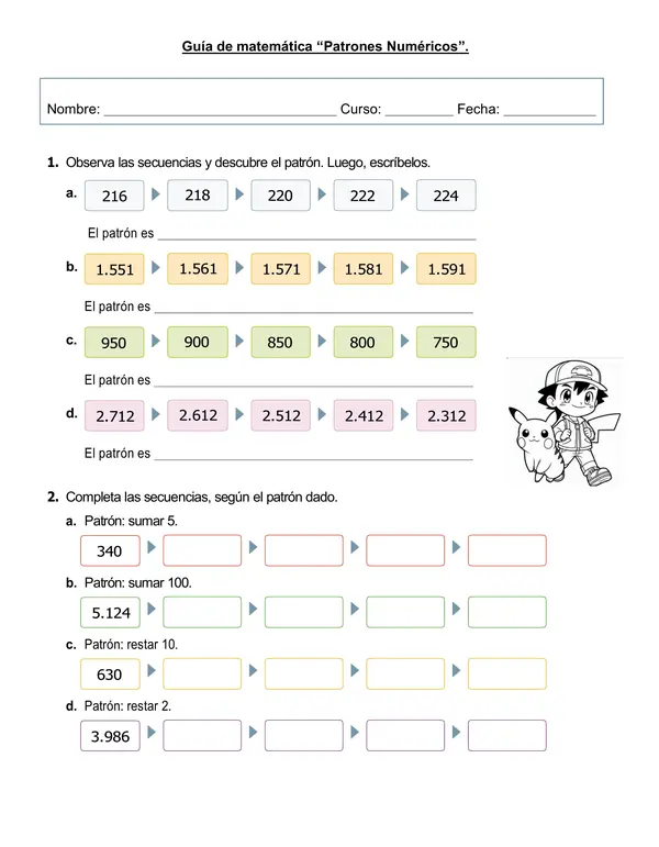 Guía de matemática 3°-4° año "Patrones numéricos"