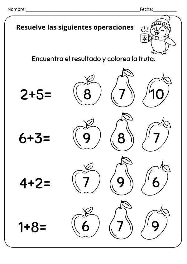 set de operaciones de sumas y restas  del 0 al 10 primer año básico