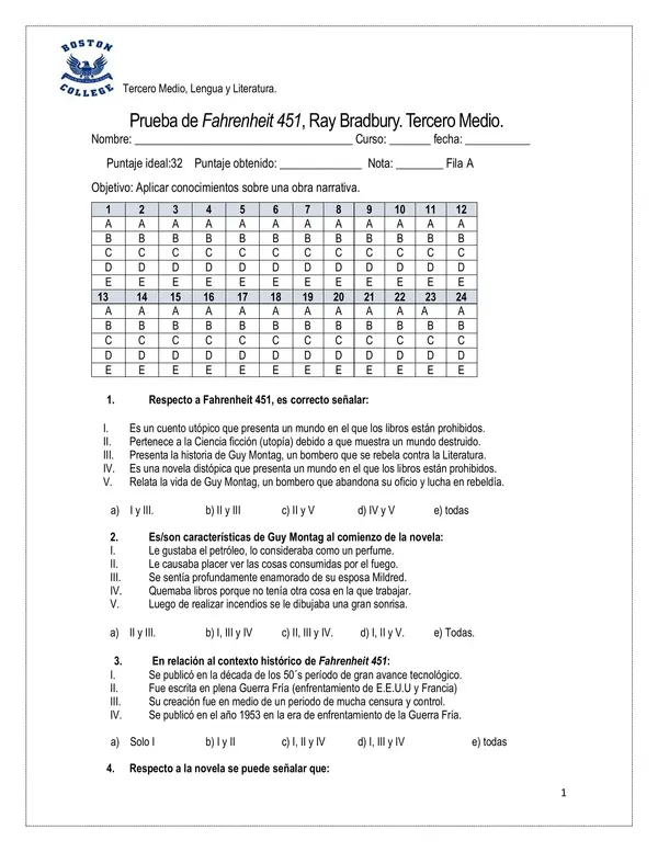 Prueba "Fahrenheit" Ray Bradbury, 3°Medio.