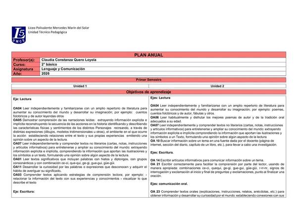Plan Anual 2° Básico Lenguaje y Comunicación