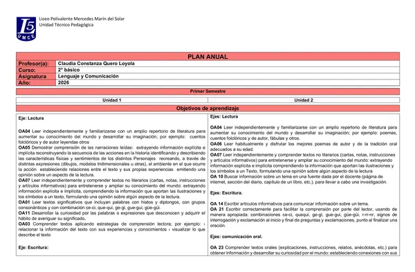 Plan Anual 2° Básico Lenguaje y Comunicación