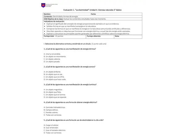 EVALUACION 5TO CIENCIAS NATURALES UNIDAD 4