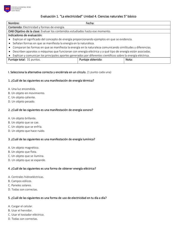 EVALUACION 5TO CIENCIAS NATURALES UNIDAD 4