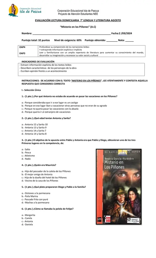 EVALUACIÓN LECTURA DOMICILIARIA  7° LENGUA Y LITERATURA AGOSTO “Misterio en los Piñones” (A.C)