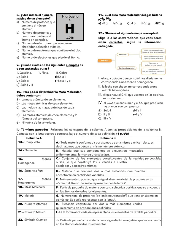 Prueba Clasificación Materia, Tabla Periódica y Masa Molar