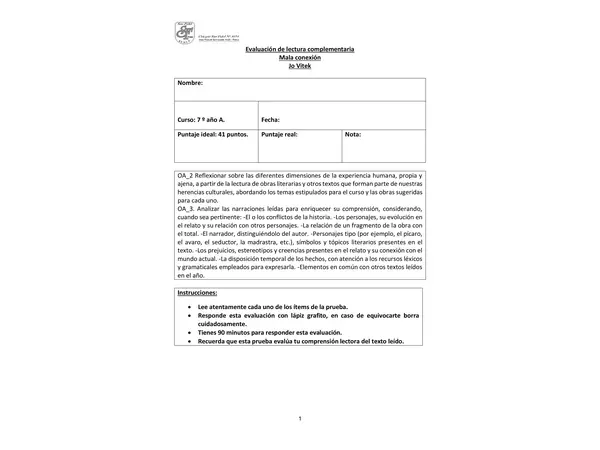 Evaluación Lectura Complementaria "Mala Conexión"