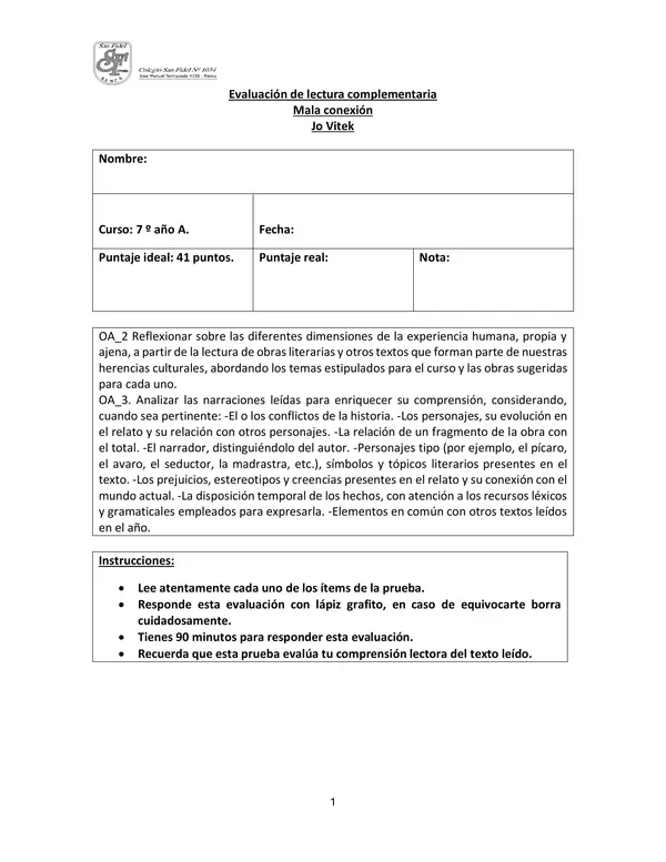 Evaluación Lectura Complementaria "Mala Conexión"