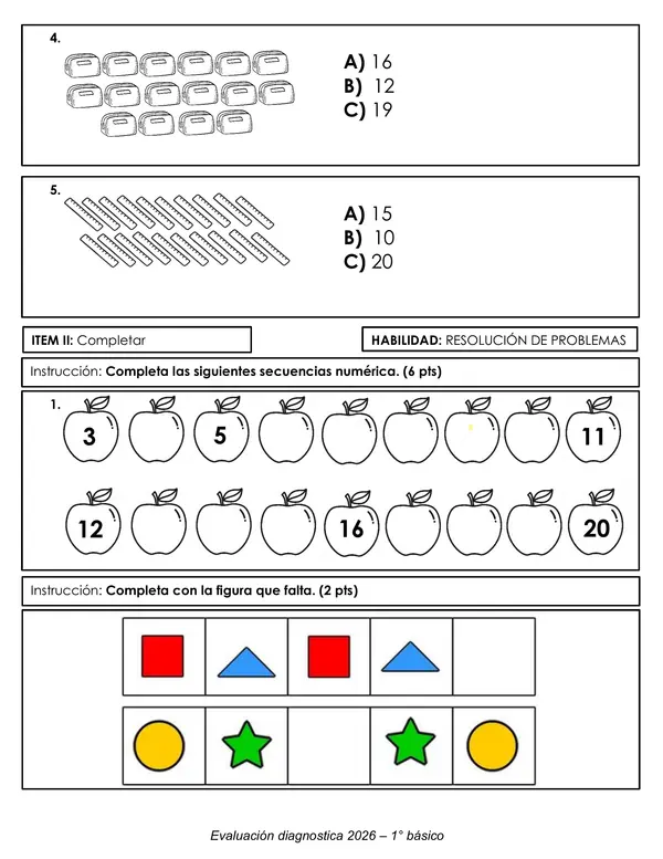 Evaluación Diagnostica de Matemática 1° Básico