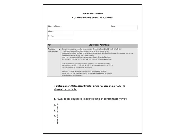 Guía editable Fracciones cuartos años en Word Matemática