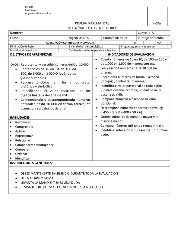Evaluación Los números hasta el 10.000