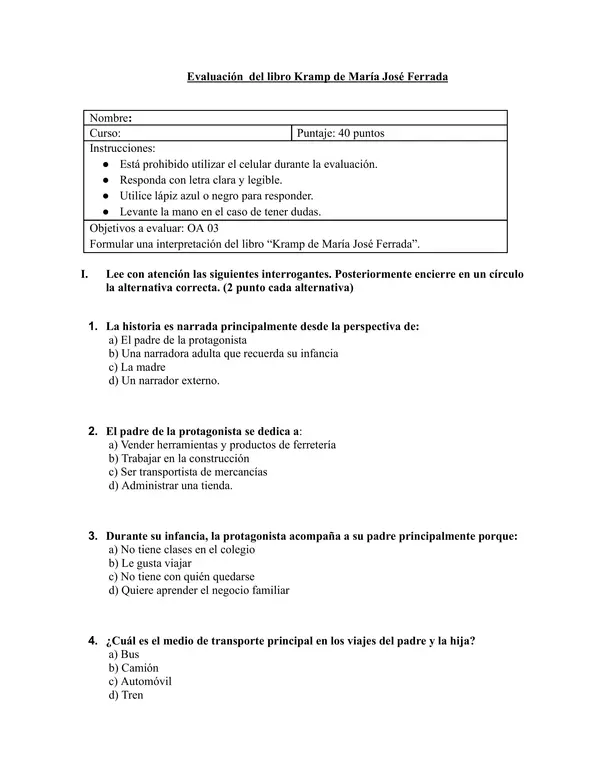Prueba de Lectura "Kramp" – Comprensión, Análisis y Pauta de Respuestas