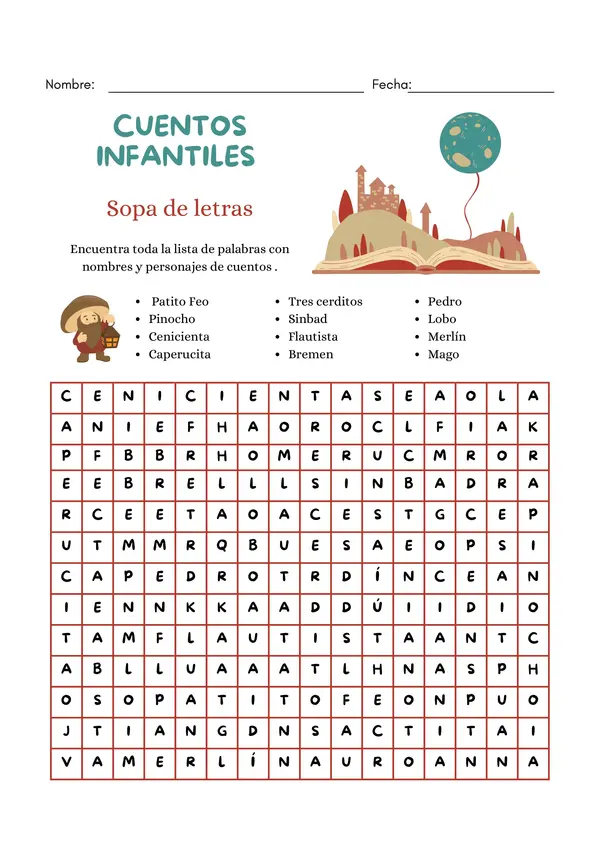 Sopa de letras con nombres y personajes de cuentos infantiles 
