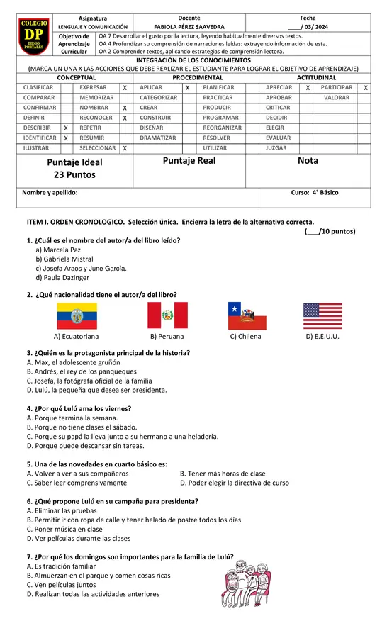 EVALUACIÓN PLAN LECTOR: LULÚ QUIERE SER PRESIDENTA