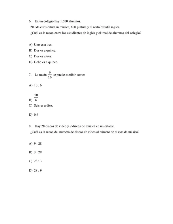 Evaluación de razones sexto - básico