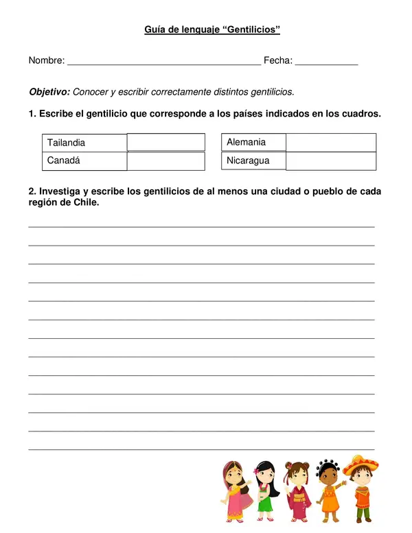 Guía de lenguaje "Gentilicios" cuarto año básico.