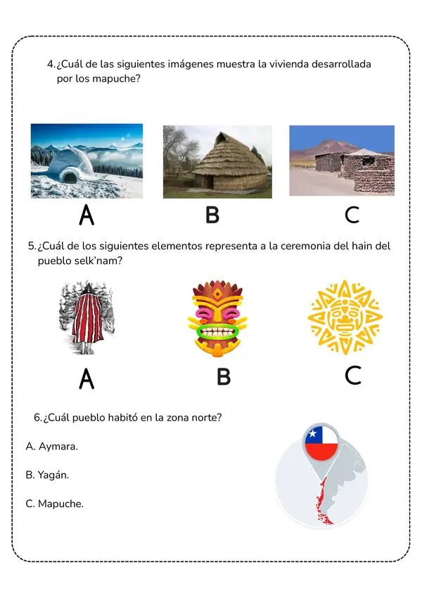 Evaluación o prueba "los pueblos originarios de Chile " Segundo básico Historia