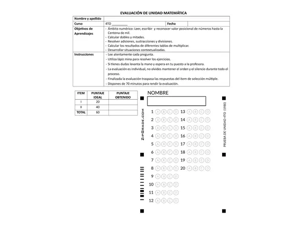 Evaluación 4to básico Inicial (preguntas tipo SIMCE)