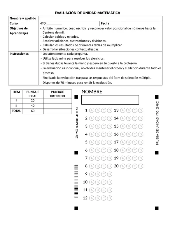 Evaluación 4to básico Inicial (preguntas tipo SIMCE)