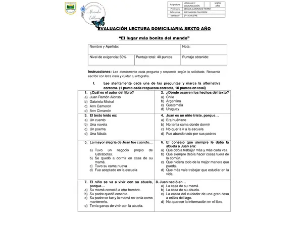 Evaluación "El lugar más bonito del mundo"