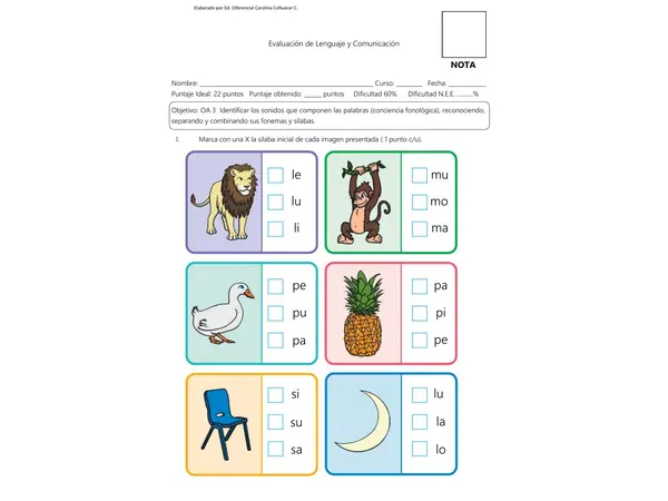 Evaluación Consonantes L-M-P-S 1° Básico