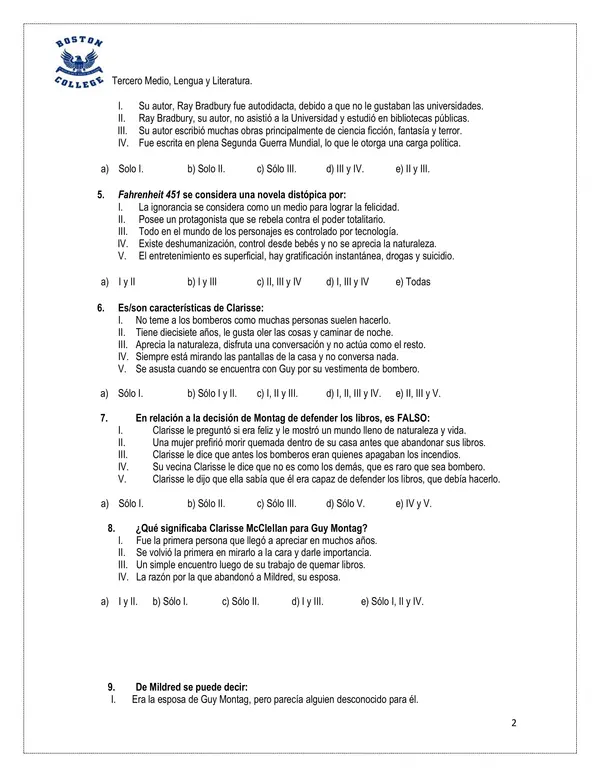 Prueba "Fahrenheit" Ray Bradbury, 3°Medio.