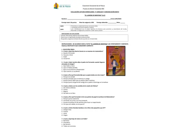 Prueba de lectura domiciliaria "El ladrón de mentiras"