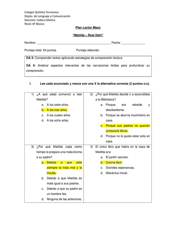 Evaluación Plan Lector "Matilda"