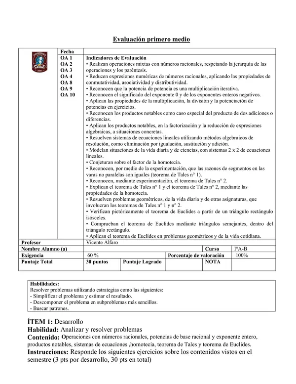 Prueba especial contenidos primero medio