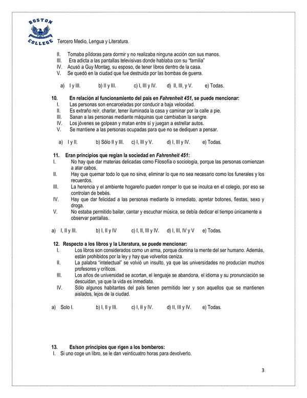 Prueba "Fahrenheit" Ray Bradbury, 3°Medio.