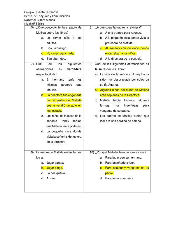 Evaluación Plan Lector "Matilda"