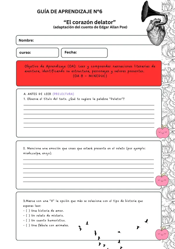 " Comprensión Lectora:  GUÍA N°6  “El corazón delator” + Método R.I.C.E. (OA 8)"
