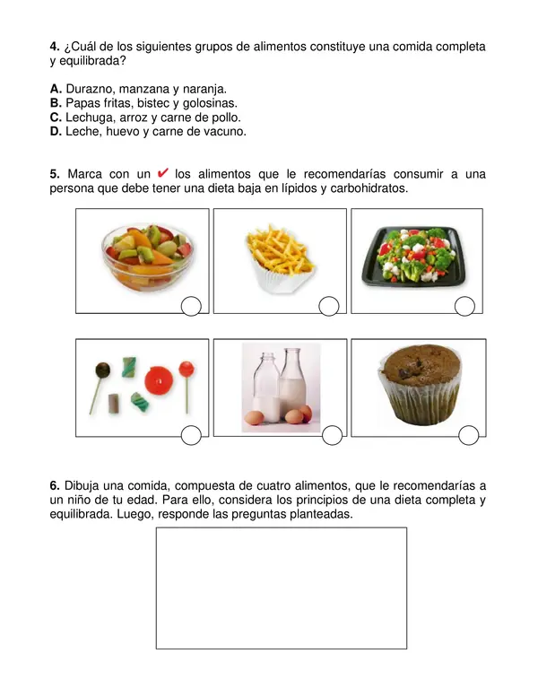 Evaluación "Tipos de alimentos" tercer año básico.